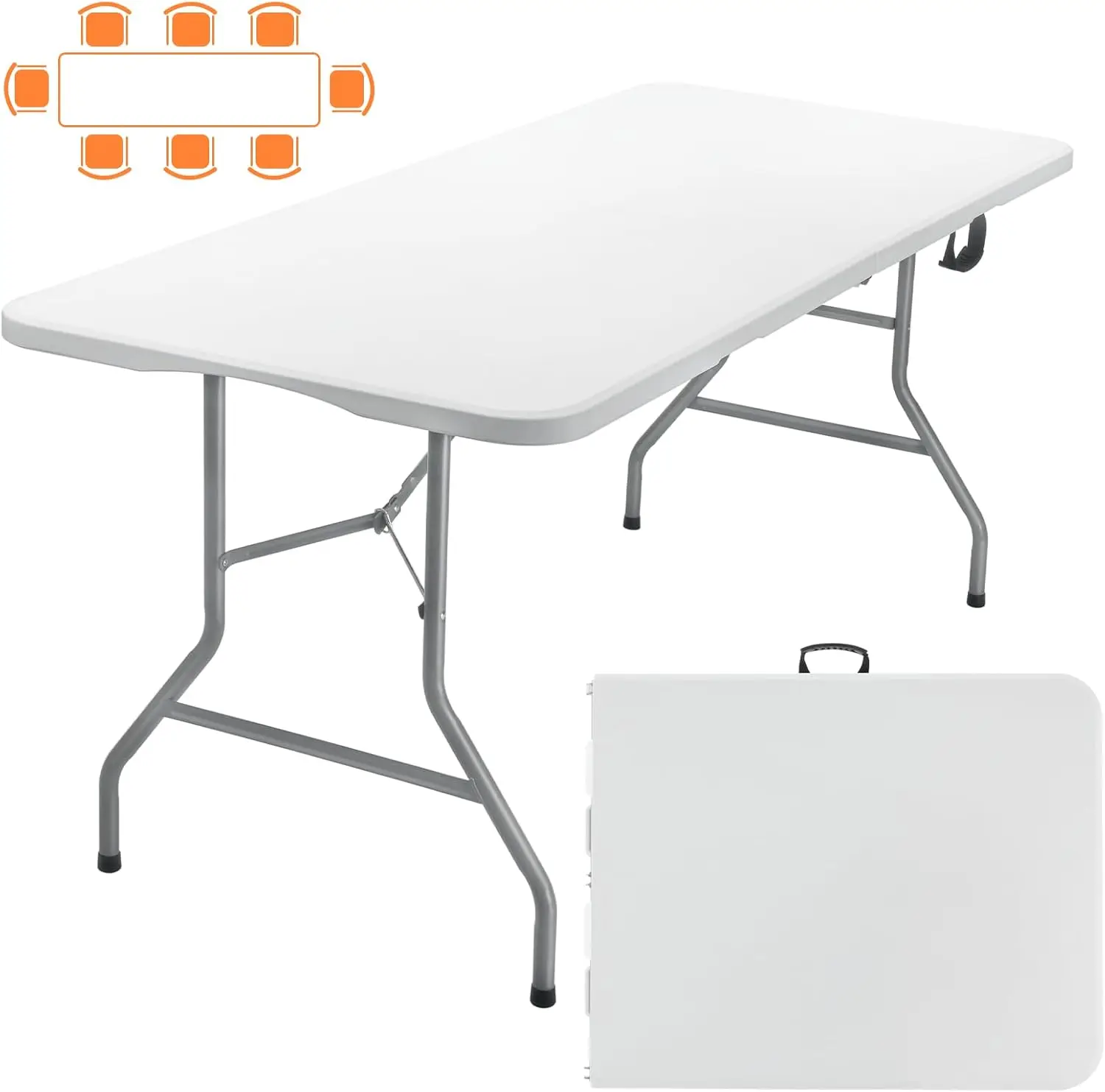 

Picnic Table Portable with Handle, 6 Foot Folding Table Long with Thicker Tabletop, White Tailgating Utility