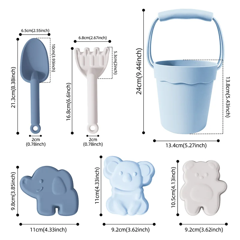 Neues Design, 6 Stück, Silikon, lustiges Sommer-Outdoor-Spielzeug für Kinder mit Eimer, Strandspielzeug, umweltfreundliches, lebensmittelechtes Strandspielzeug für Kinder