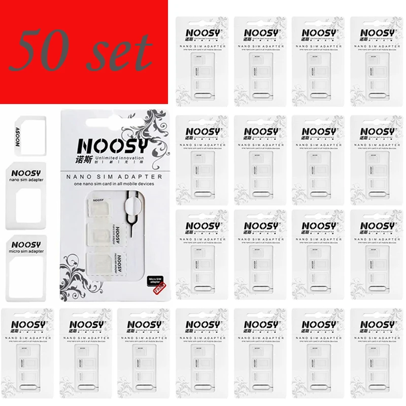 50Sets 4 in 1 Noosy Nano Sim Card Adapter + Micro Sim Cards Adapter + Standard SIM Card Adapter for IPhone