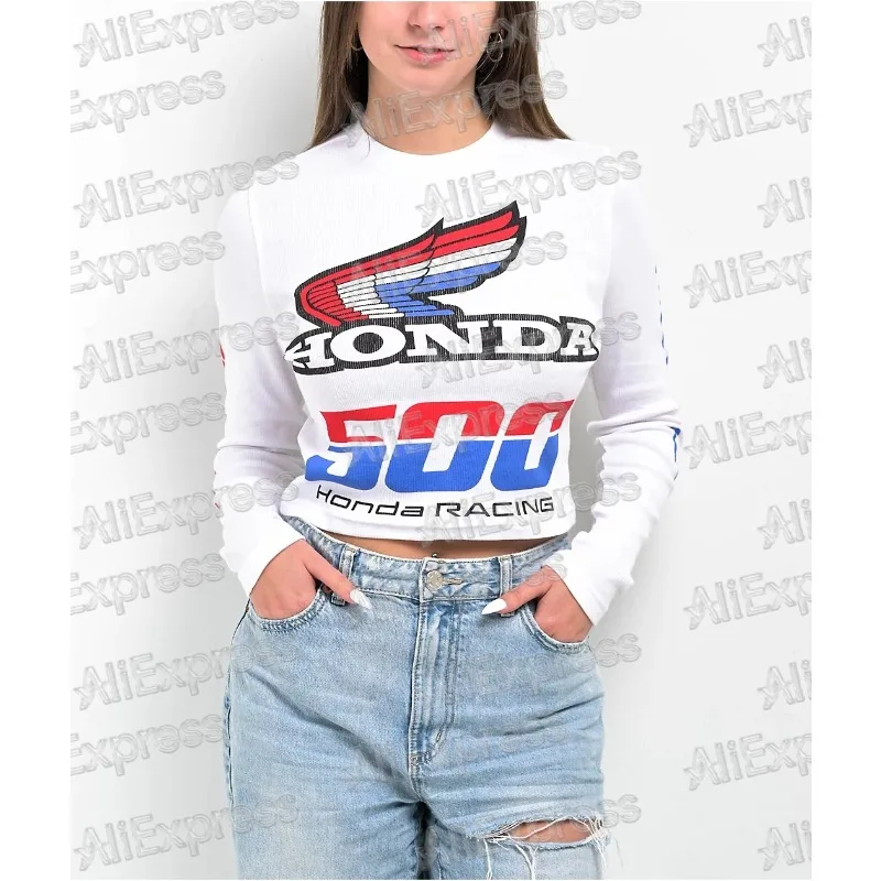 

Honda European and American hot girls 2025 Summer Autumn motorcycle style letter print round neck long sleeve slim women's tops