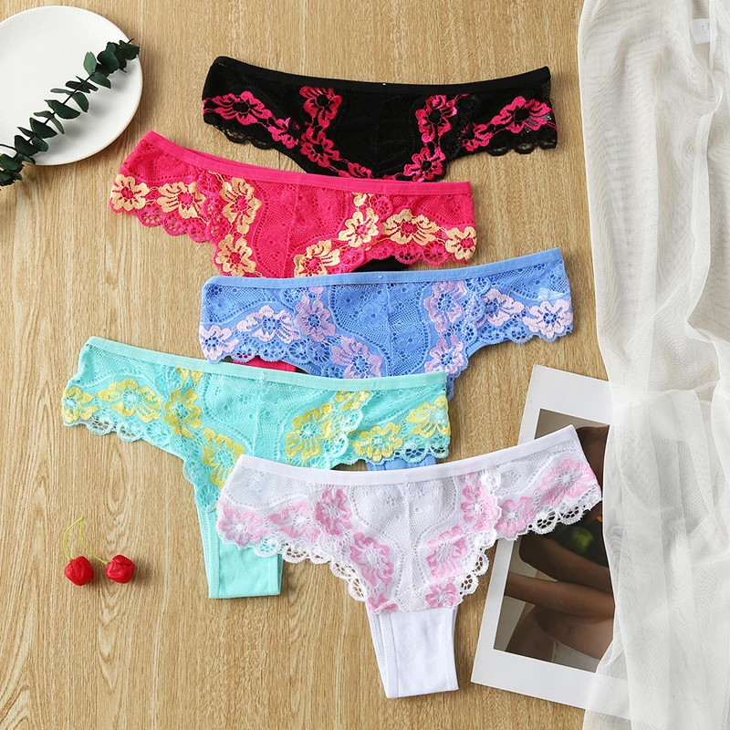 BANNIROU 1Pcs Cotton Panties Thongs Underwear For Women Embroidery Floral Sexy Female T-back Underpants Ladies Intimates