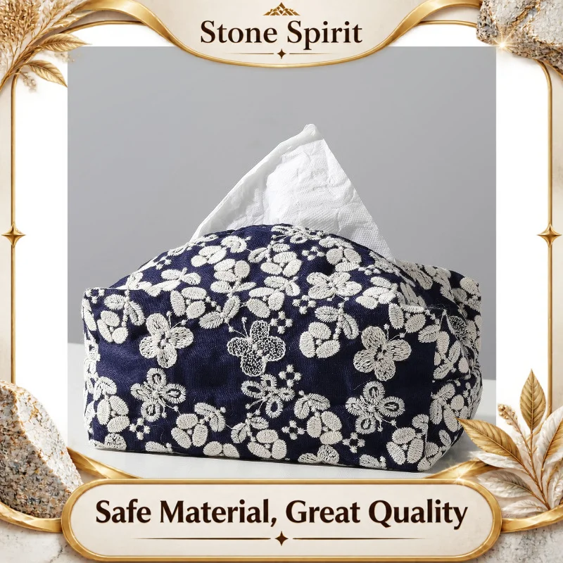 Light Luxury Style Embroidery Tissue Box Cover, Linen Napkin Holder for Bedroom Desktop, Decorative Home Hotel Airbnb Decoration