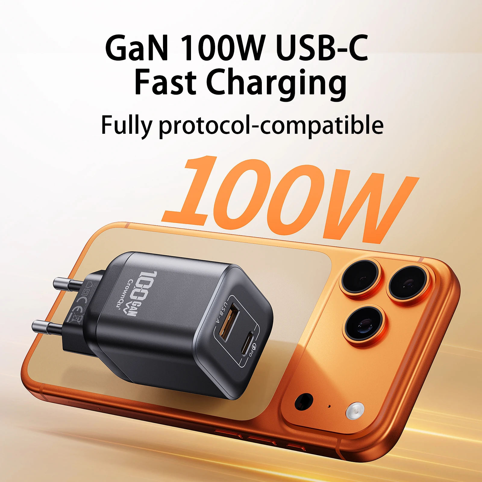 Chargeur USB-C GaN 100W entièrement compatible avec les protocoles PD3.0 et QC3.0, charge rapide pour iPhone 17, Android, MacBook, ordinateur portable, iPad, tablette
