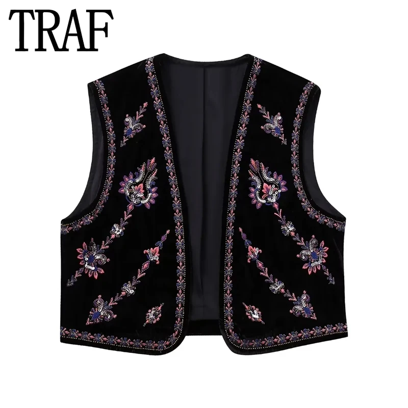 TRAF Velvet Embroidered Vest For Women Black Short Sleeveless Vest Woman Cropped Vintage Jacket Waistcoat Autumn Vest Cardigan