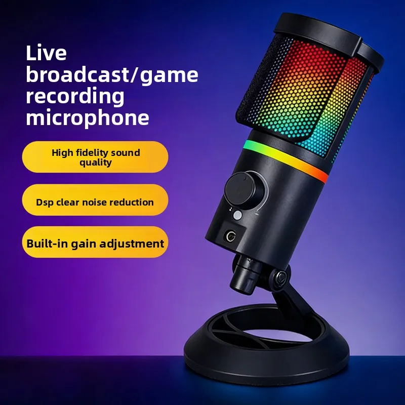 Game USB microphone, condenser live recording microphone RGB microphone, compatible with PC mobile phones 30Hz-15kHz