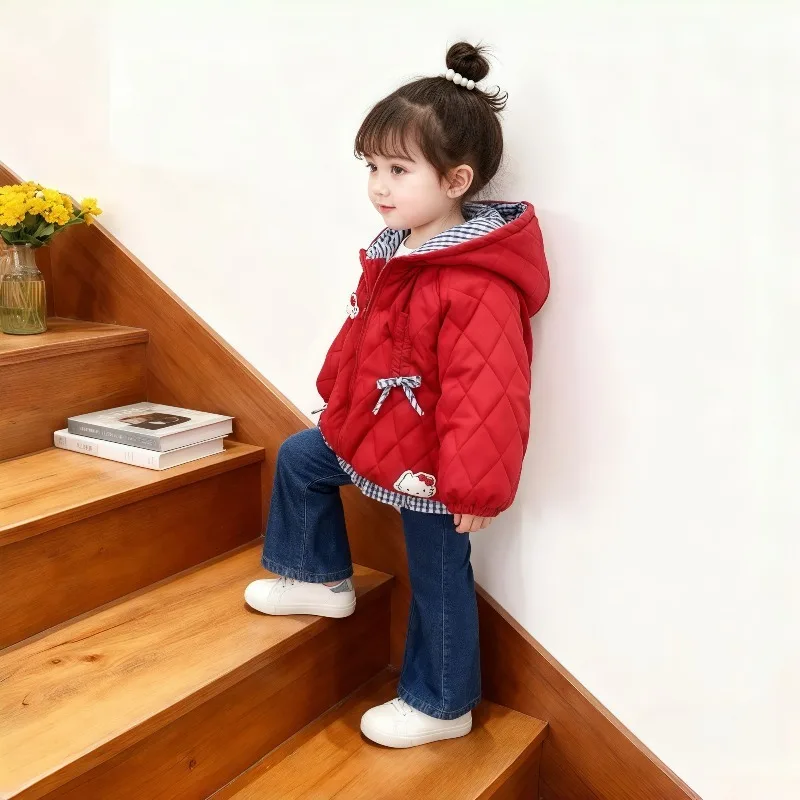 

Sweet Hello Kitty Anime Kawaii Sanrio Ins Fashion Thickened Jacket Cloth 2025 Winter New Cute Hooded Children Coat Gifts