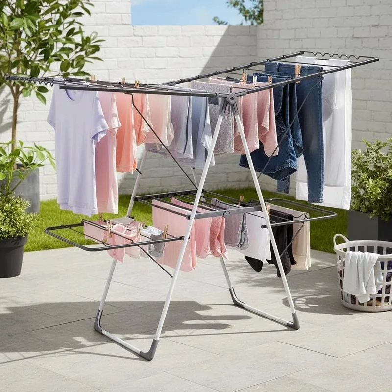 Séchoir à linge pliable 5 positions réglable en hauteur, à circulation d'air, gain de place, montage sans outil, pour intérieur et extérieur