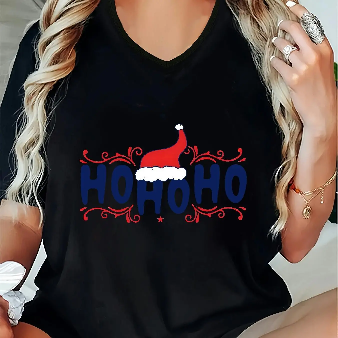 Nouveau Joyeux Noël Femmes T-Shirts D'été Décontracté Col En V Manches Courtes Hauts Drôle Harajuku X'mas Surdimensionné Femme Vêtements T-Shirts