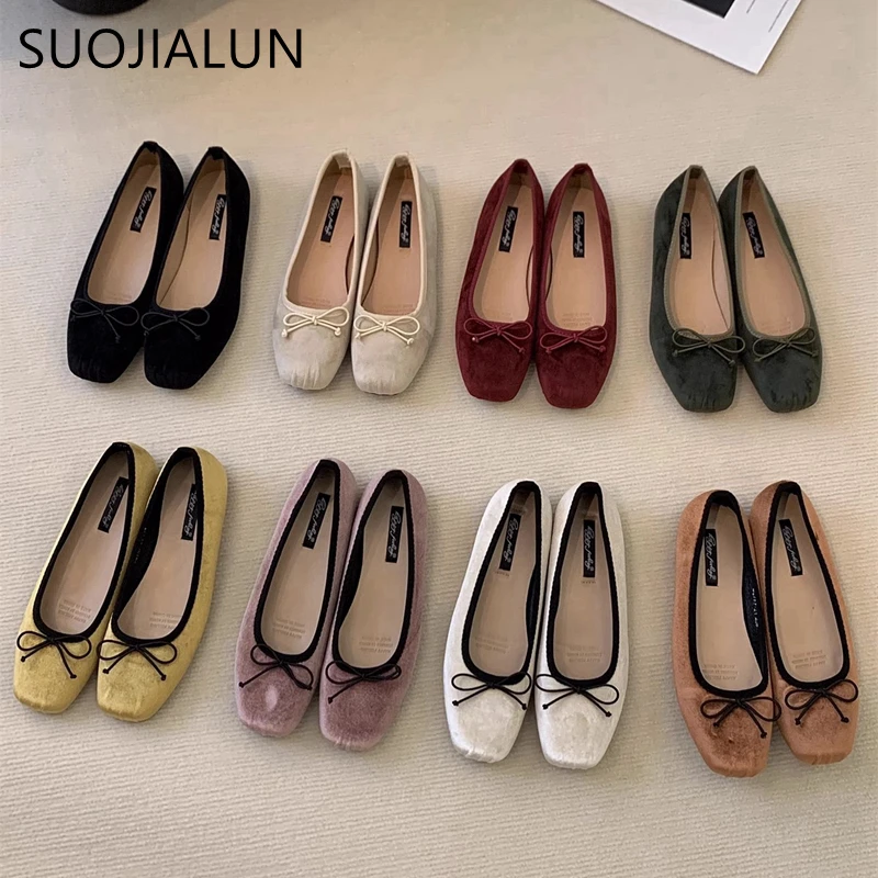 SUOJIALUN 2024 Spring New Women Flat Shoes Fashion Round Toe Shallow Slip On Ballerinas Shoes Soft Flat Heel Casual Ballet Shoes