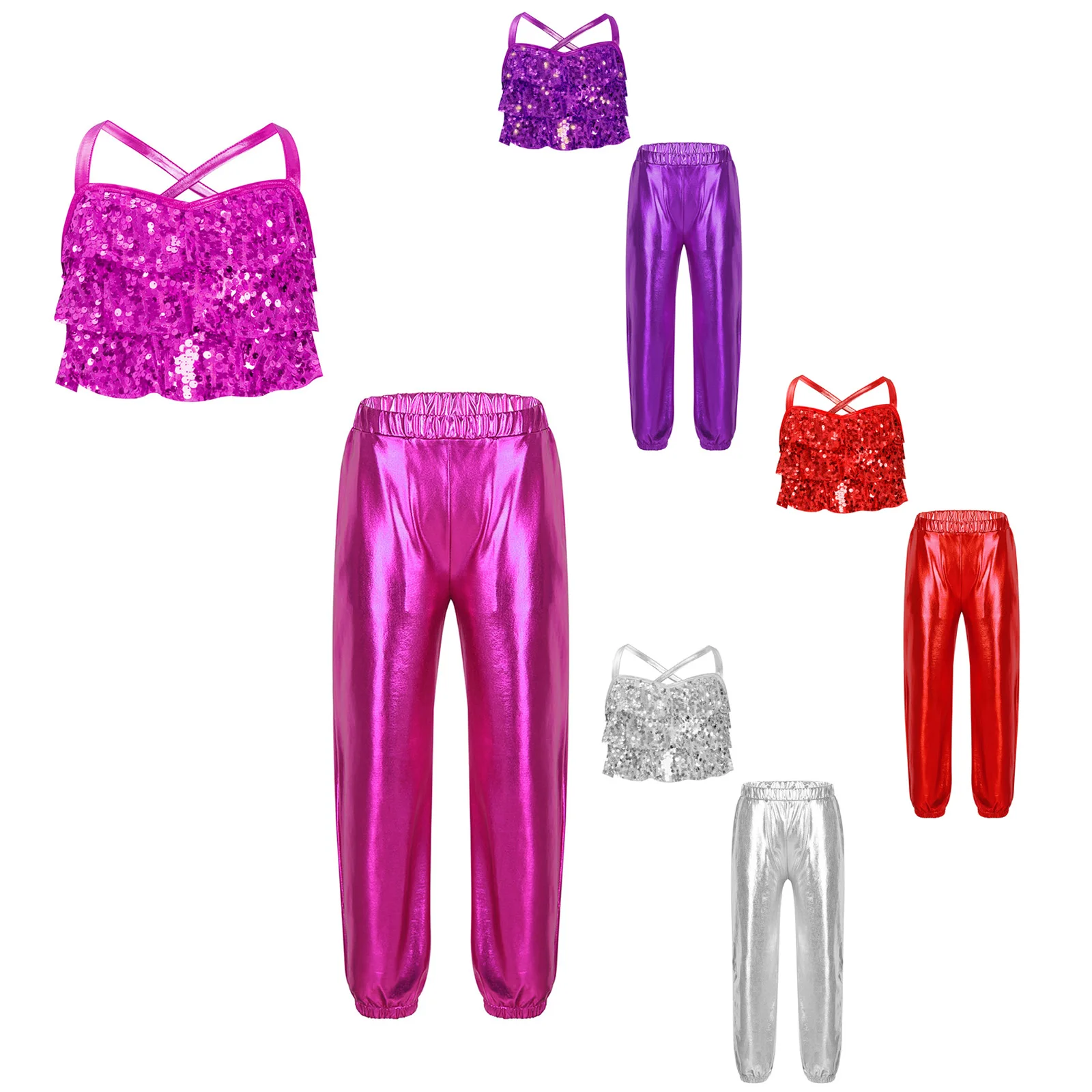 

Kids Girls 2 Pcs Clothes Set Jazz Latin Dance Outfits Metallic Crop Camisole with Pants Ballet Ballroom Performance Costume