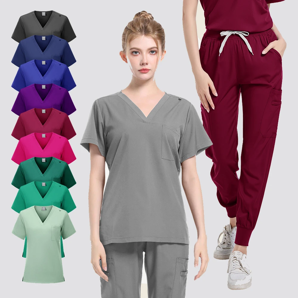 포켓 바지와 새로운 짧은 소매 스크럽 탑 의료 간호사 유니폼 의사 수술 작업복 스파 아웃웨어 뷰티 살롱 작업복
