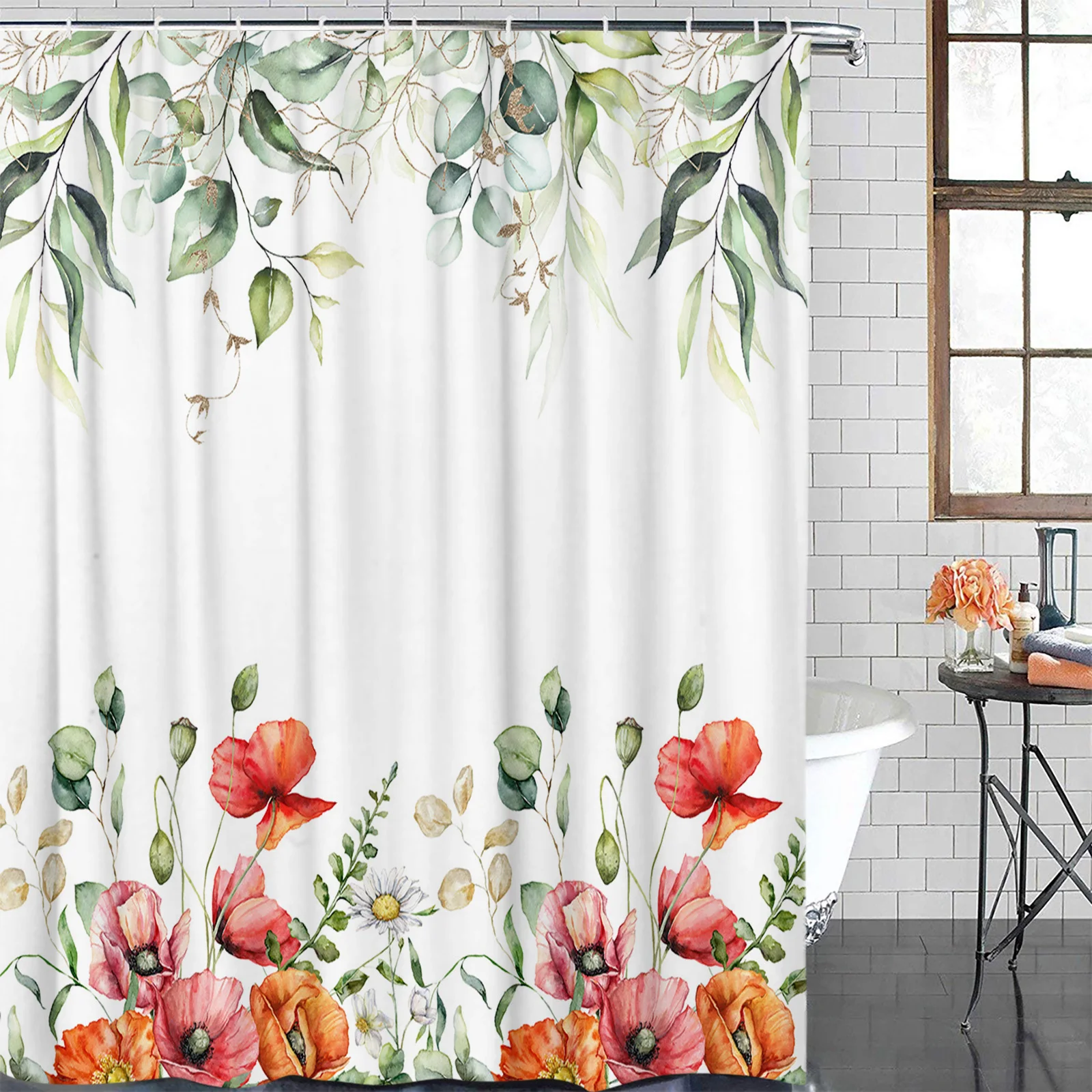 Eucalyptus Poppy Flowers Waterproof Bathroom Decoration Shower Curtain With Hook Printed Bathtub Curtains Bathroom Accessories