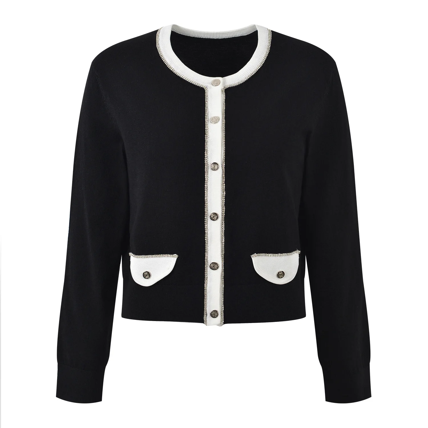 Słodki, odmładzający kardigan z dzianiny, zdobiony diamentami, zapinany na jeden guzik, okrągły dekolt, wyszczuplający top dla kobiet, idealny na jesień.