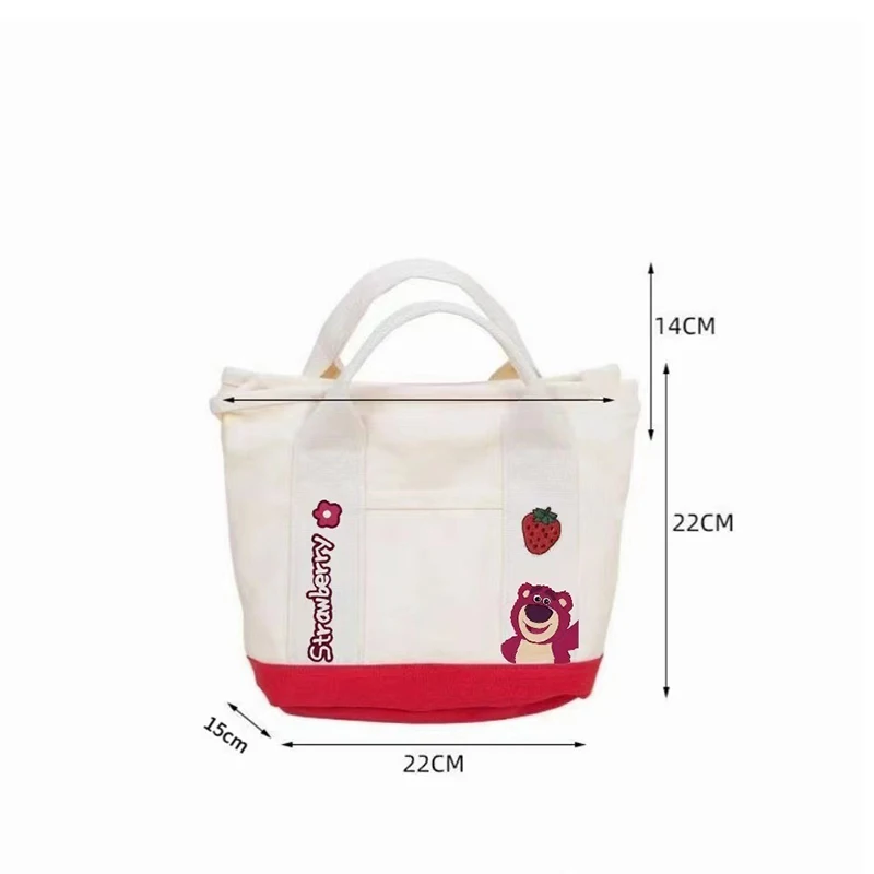 MINISO Disney Series Strawberry Bear Cartoon Printed Handbag for Women Mini Canvas Bag for Women Student Bento Bag