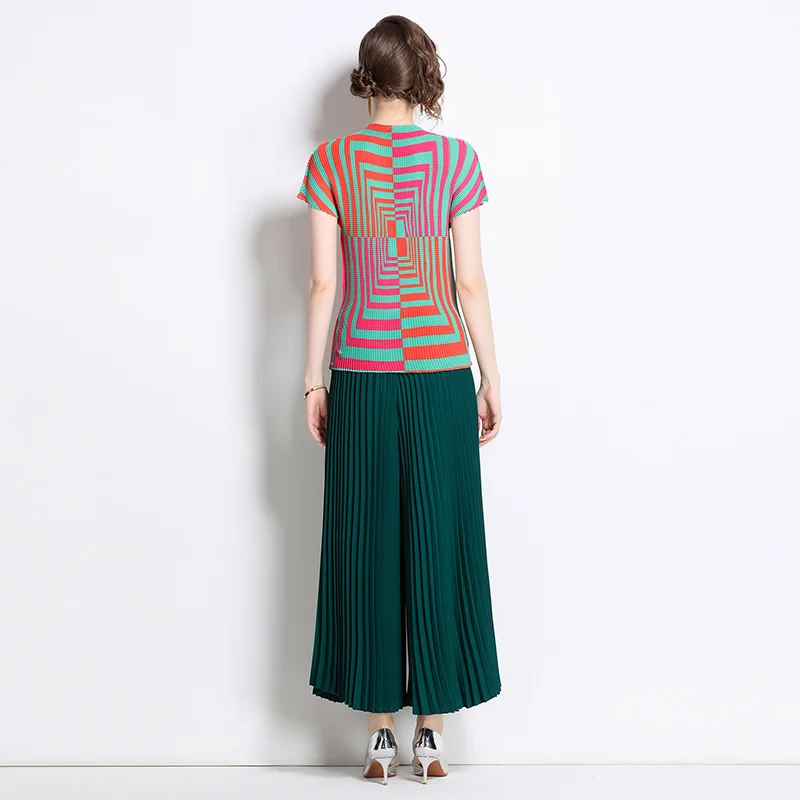 Miyake T-shirt New High-end Pleated Casual Printing Niche Loose Versatile Wide-leg Pants 2024 Summer Set Two Piece