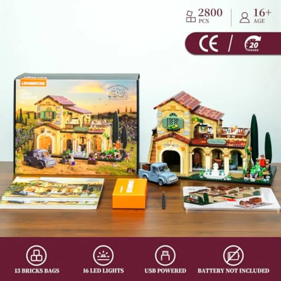 Farm VineyardEstate Lighting BuildingBricksSet 2800 Pcs Winery Chateau House Collection LED Light Wine Cottage Model Display Se