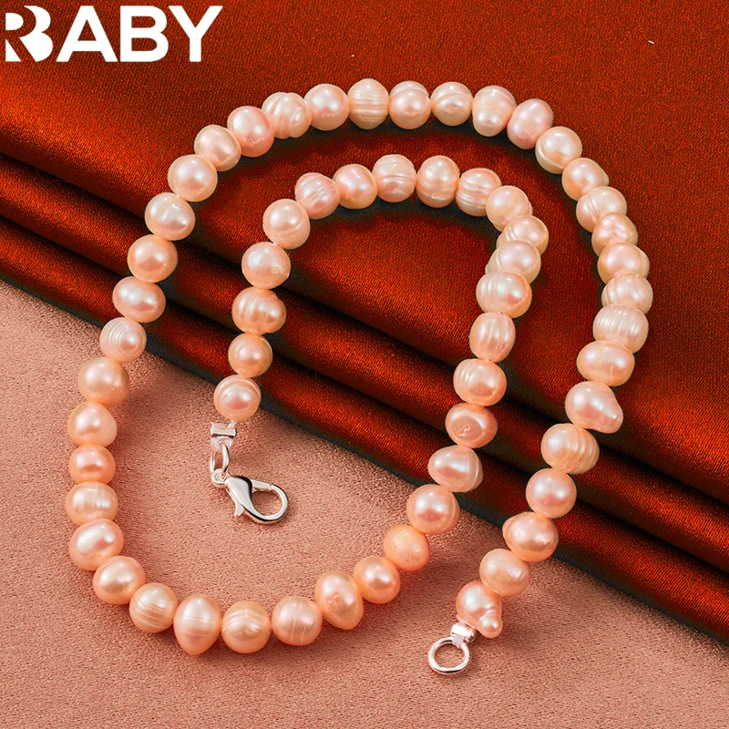 URBABY 925 Sterling Silver Purple / Pink / White 7-8mm Artificial Pearls Necklace For Women Lady Pearls Chain Fashion Jewelry