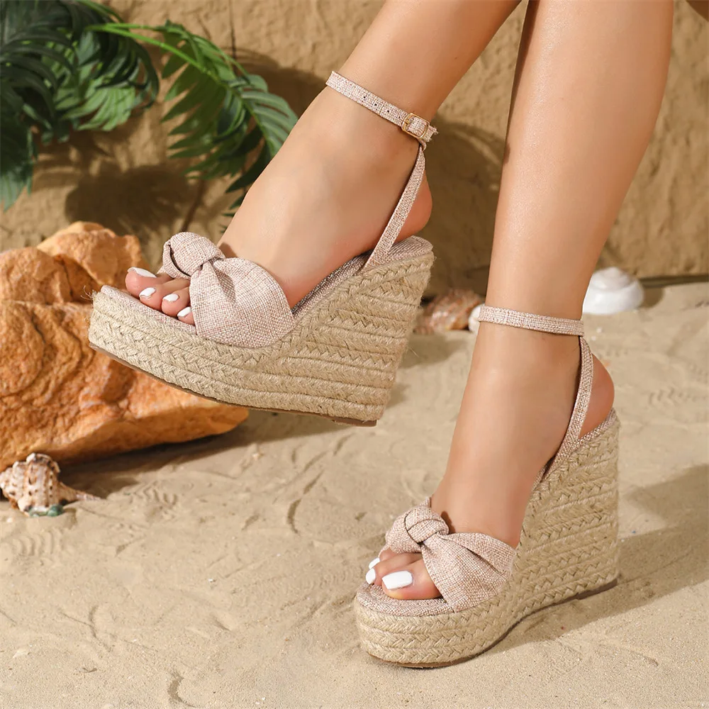 Espadrillas estive da donna in stile bohémien con punta aperta, tacco altissimo, cinturino alla caviglia, plateau e zeppe._voghion.com