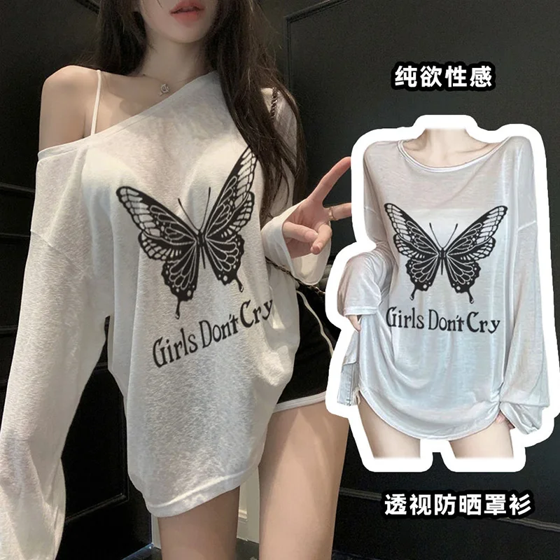 Sexy Loose Thin Perspective Long Sleeve T-Shirt for Women Summer New Cartoon Printing O-neck Sunscreen Y2K Tops
