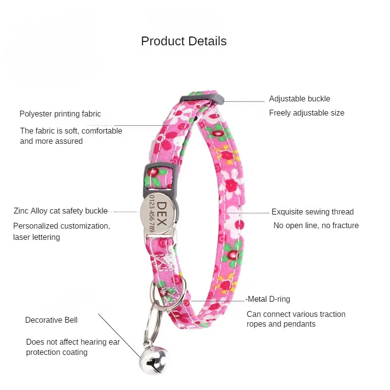 Personalized Printed Cat Collar Adjustable Kitten Puppy Collars With Free Engraved ID Nameplate Bell Anti-lost Cats Collars