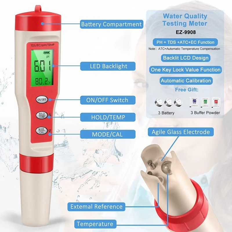 PH Meter, 4-In-1 Digital PH Meter With PH/TDS/EC/Temp Function With ATC For Drinking Water, Hydroponics, Aquarium, Pool image 6