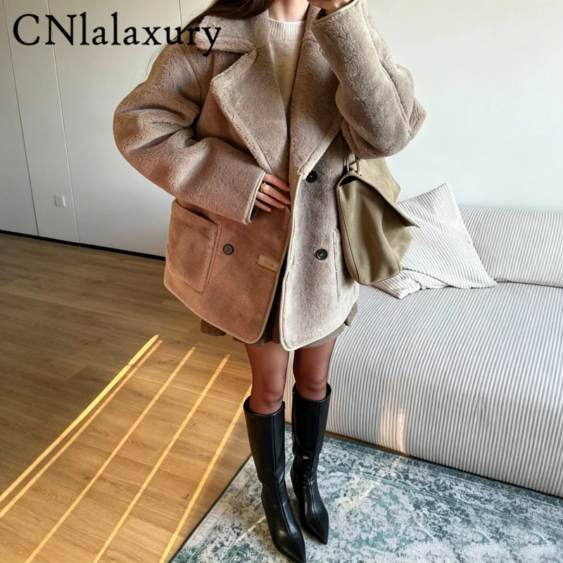 New Double-Breasted Warm Double-Sided Wear Faux Fur Coat Female Winter Women's Casual Loose Leather Jacket Outerwear