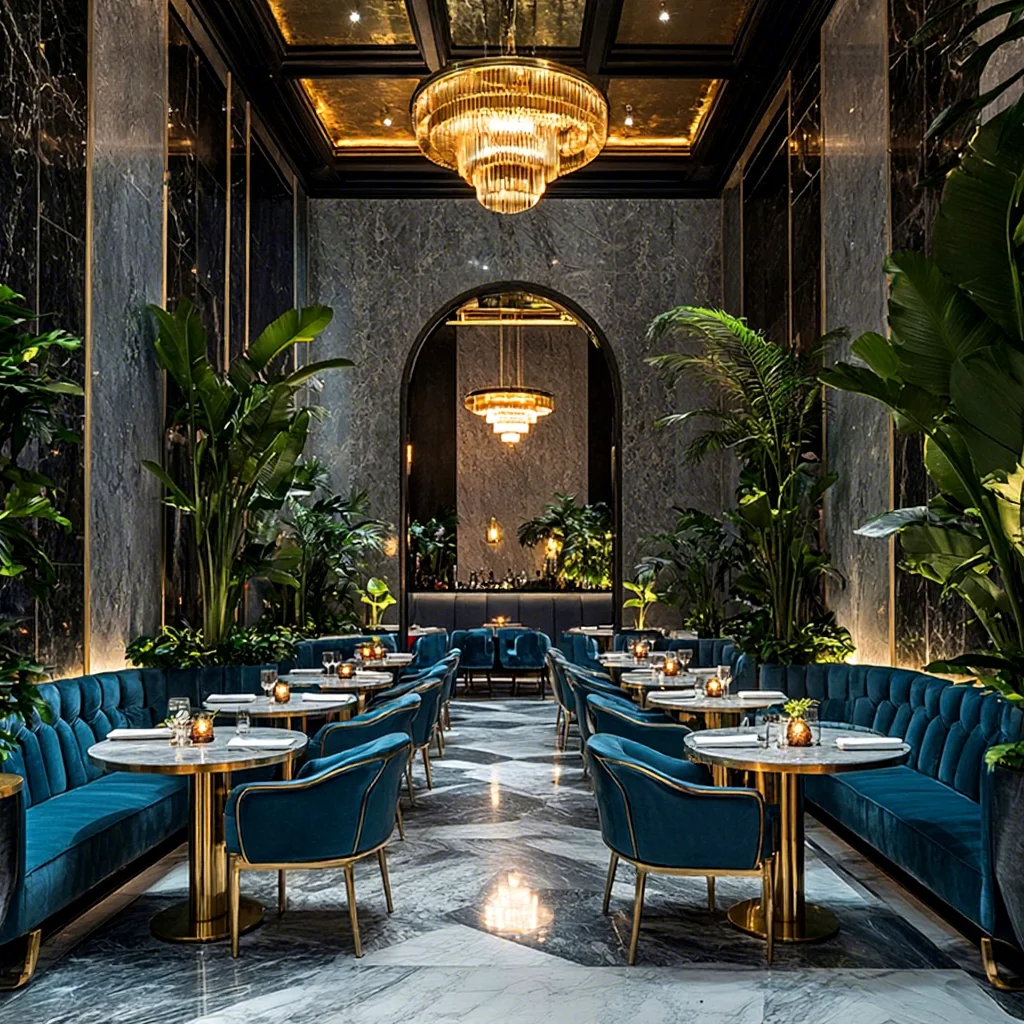Ron Group Modern Luxury Restaurant Furniture High Back Booth Seating Marble Round Table Velvet Customized Chair Set