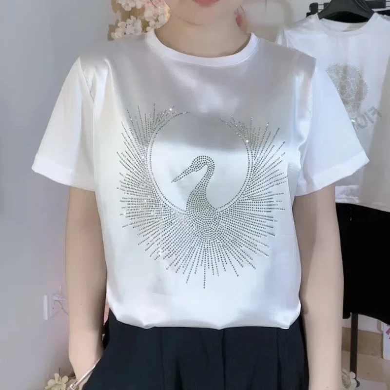 女性のためのミニマリストの通勤Tシャツ,ラウンドネックのトップス,ダイヤモンドプリント,だぶだぶ,モノクロ,半袖,ファッショナブル,新しい,夏,2024