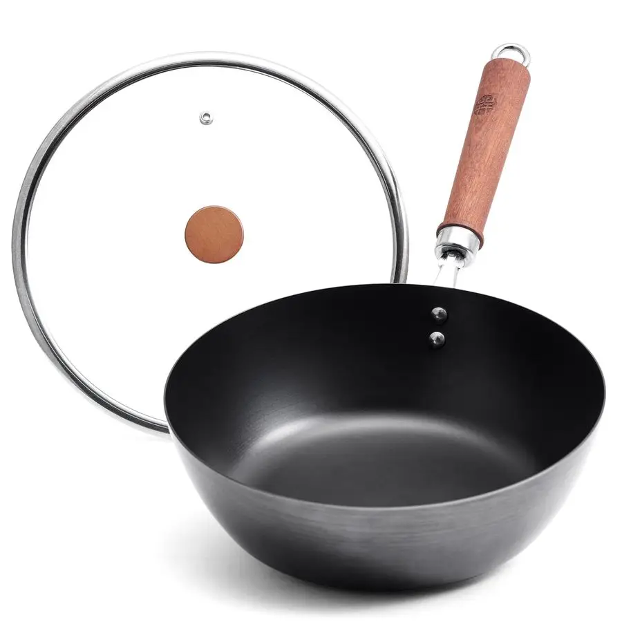 

10.24 Inch Iron Wok with Glass Lid, Flat Bottom Uncoated Wrought Iron StirFry Pan, Deep Lightweight Wok Skillet with Wooden Hand