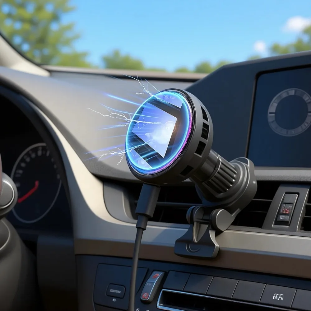 

Магнитное беспроводное автомобильное зарядное устройство 2026 с охлаждающим вентилятором и быстрой зарядкой 15 Вт для iPhone и Android