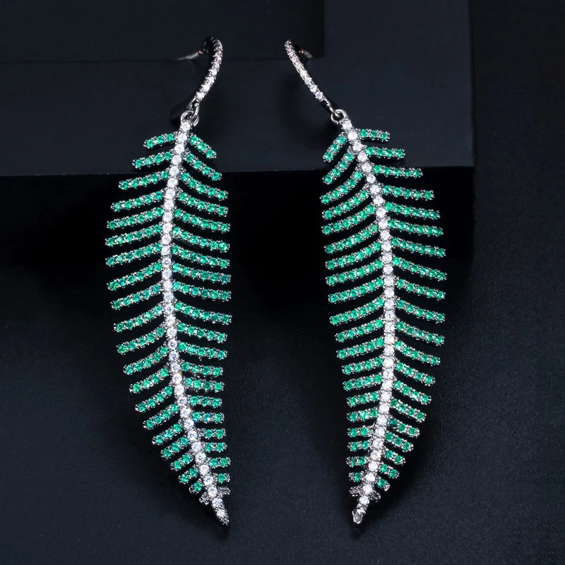 

ThreeGraces Trendy Green Cubic Zirconia Crystal Long Leaf Drop Dangle Earrings for Women Korean Fashion Party Jewelry ER978