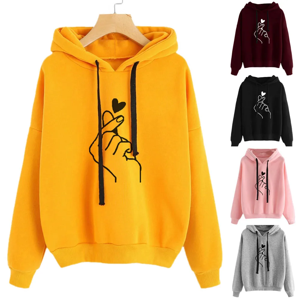 Women Hoodies finger Heart Print Hooded Sweatshirts Korean Loose Oversize Drawstrings fleece warm Sportswear Hoodies Sudaderas