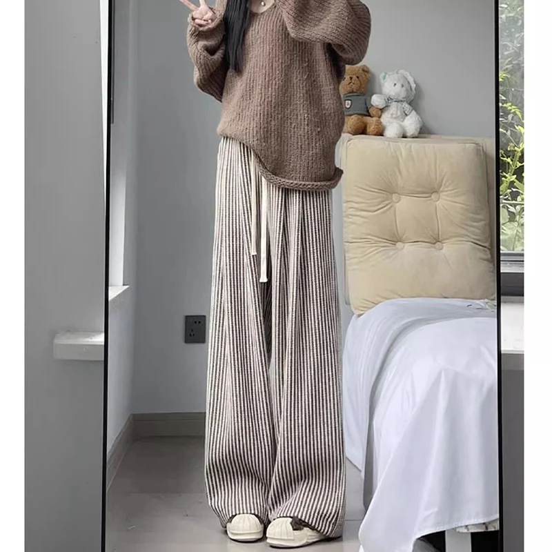 

Женские новые модные полосатые длинные брюки, повседневные женские брюки с высокой талией, корейские модные прямые брюки для девочек