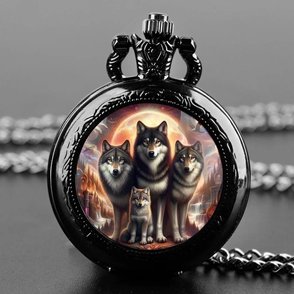 The Wolf family  Design Glass Dome Quartz Pocket Watch With Durable Chain Arabic Numeral Dial For Men And Women Creative Gifts