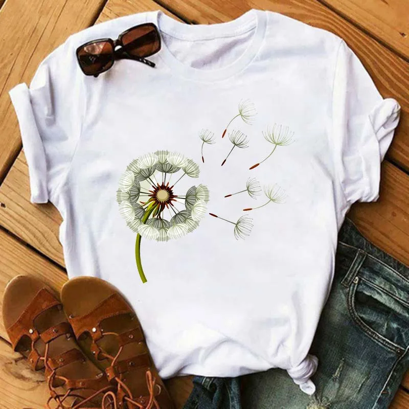 New Cute Pattern Dandelion Printed Women's T-shirt White Multiple Women's T-shirts Casual Women's Shirt Fun T-shirt