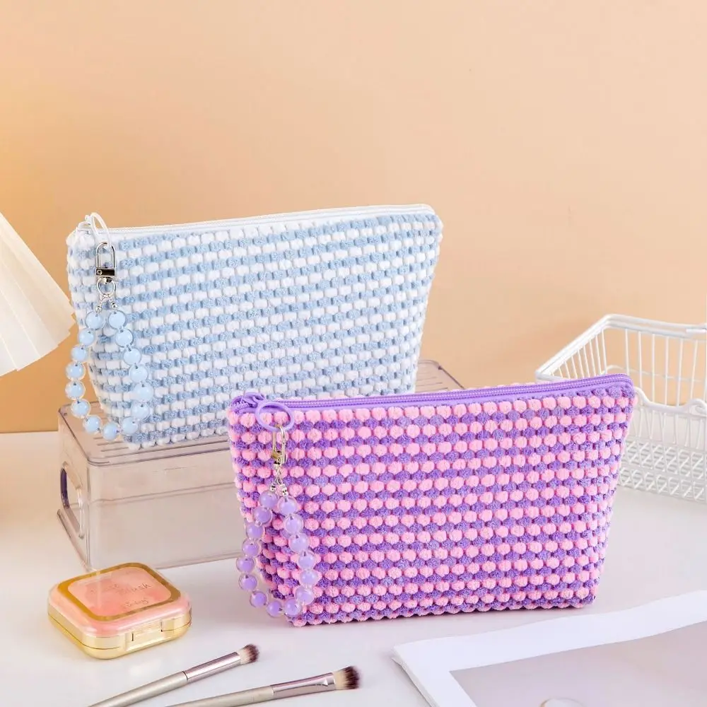 

With Bead Bracelet Women Cosmetic Bag Plaid Portable Plush Cosmetic Case Zipper Multi-functional Travel Makeup Organizer Home