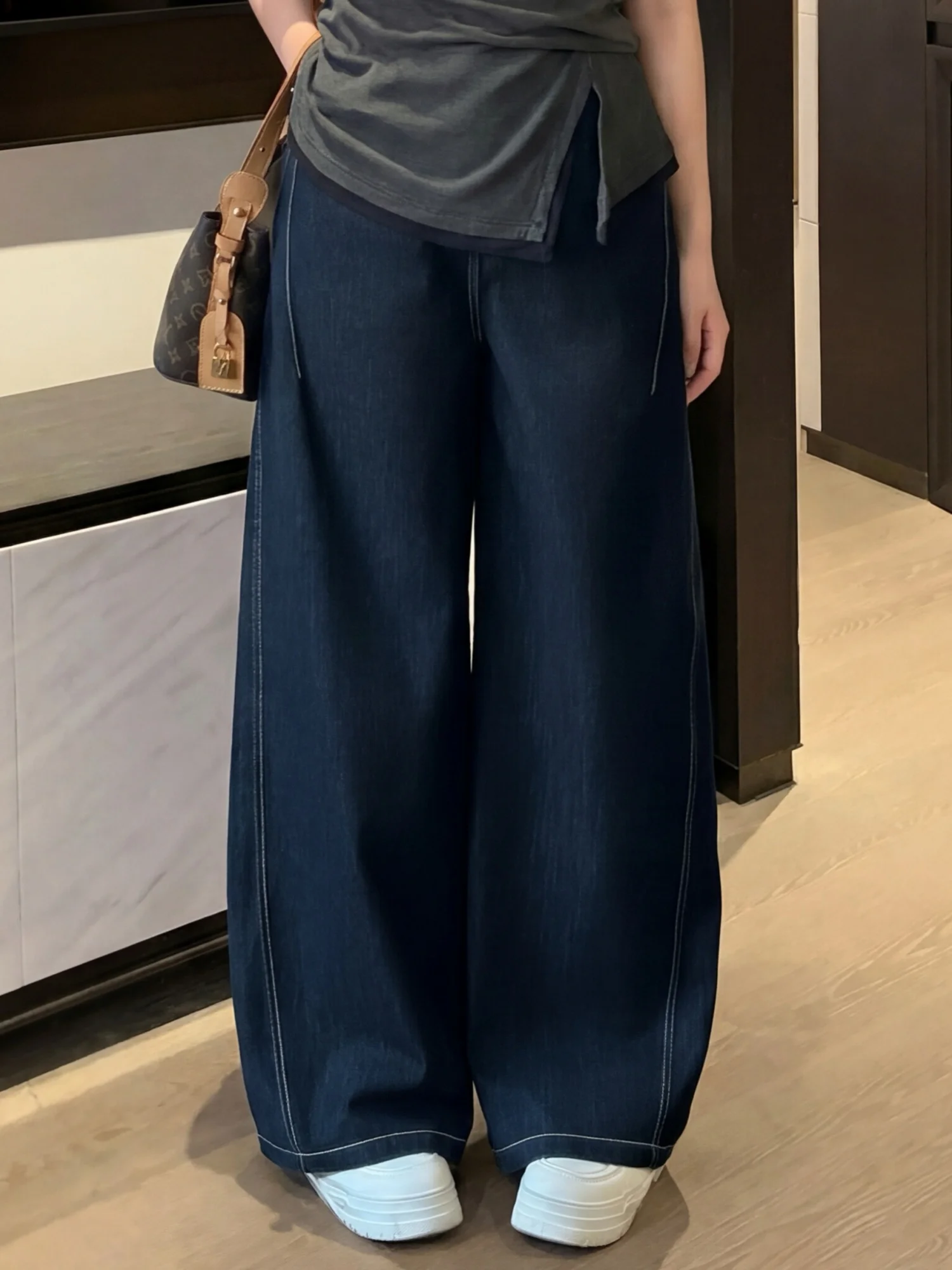 

Джинсы с высокой талией и широкими штанинами, эластичный пояс, хлопковая смесь, прямой крой, весенняя мода, большие размеры, женские брюки, повседневный стиль для работы и отдыха