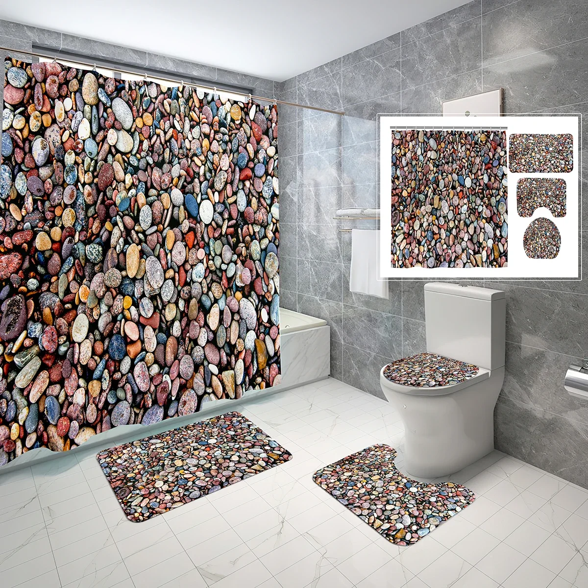 

4 Pcs Stone Theme Shower Curtain Sets Art Colored Pebbles Rocks Non-Slip Bath Mat Toilet Cover Waterproof Shower Curtain Set