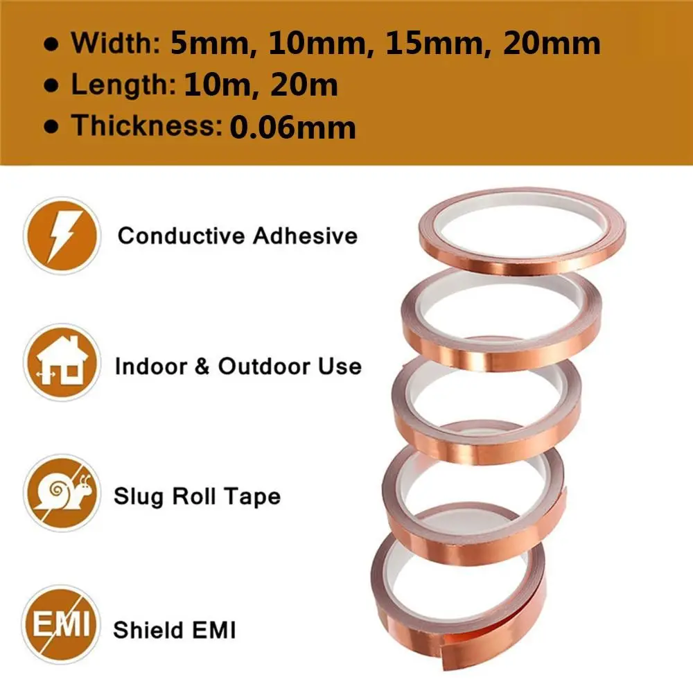 10/20m Single Side Conductive Copper Foil Tape Adhesive EMI Shielding Heat Resist Repair Tape Anti-static 10mm 15mm 20mm