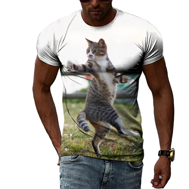 Fashion Creative Funny Cat Graphic Men T-shirt Summer Casual Personality Animal 3D Printed Tees Trend O-neck Short Sleeve Tops