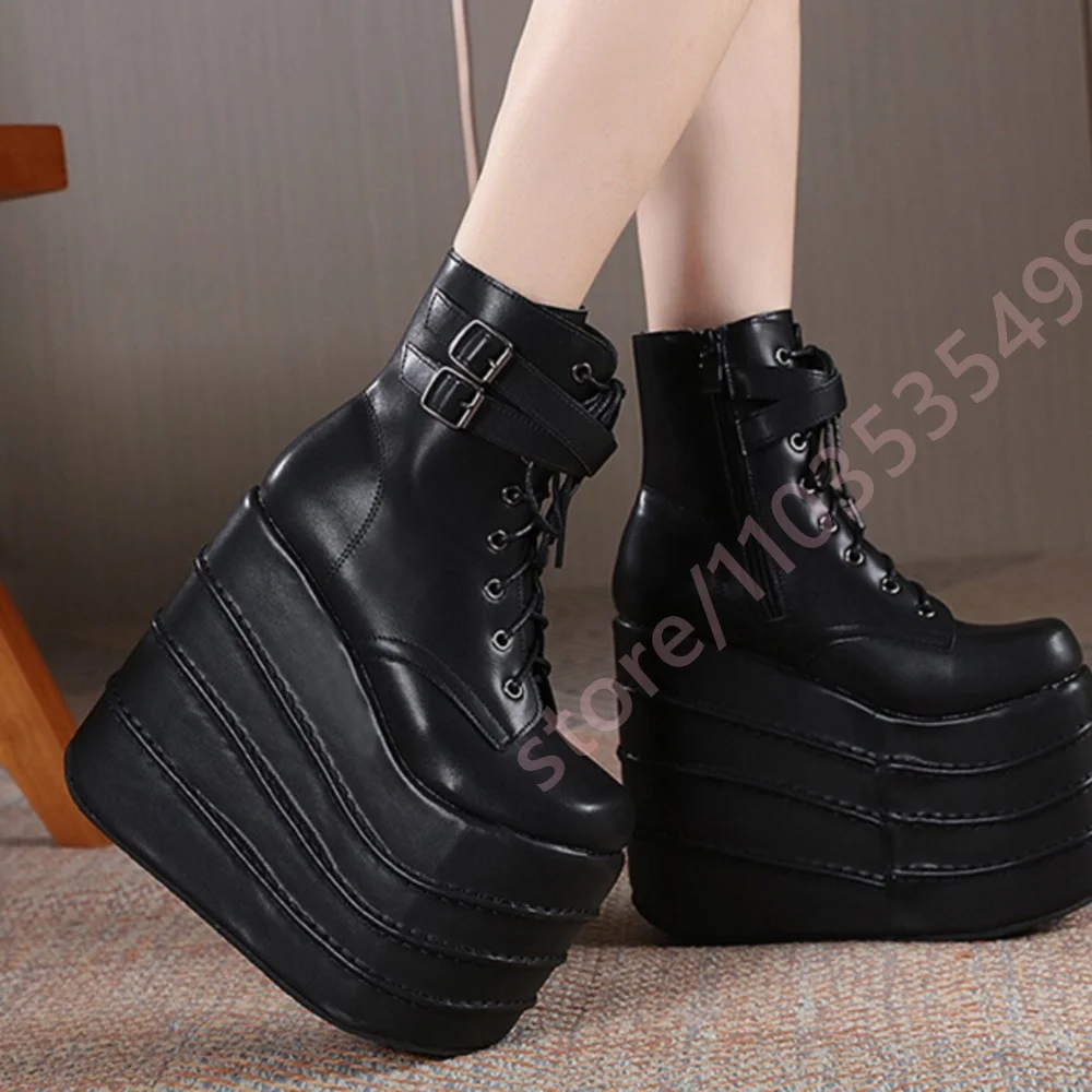 Women Gothic Platform Wedge Ankle Boots 2026 New Punk Lace Up Double Buckle Strap Side Zipper Super High Thick Sole Party Shoes