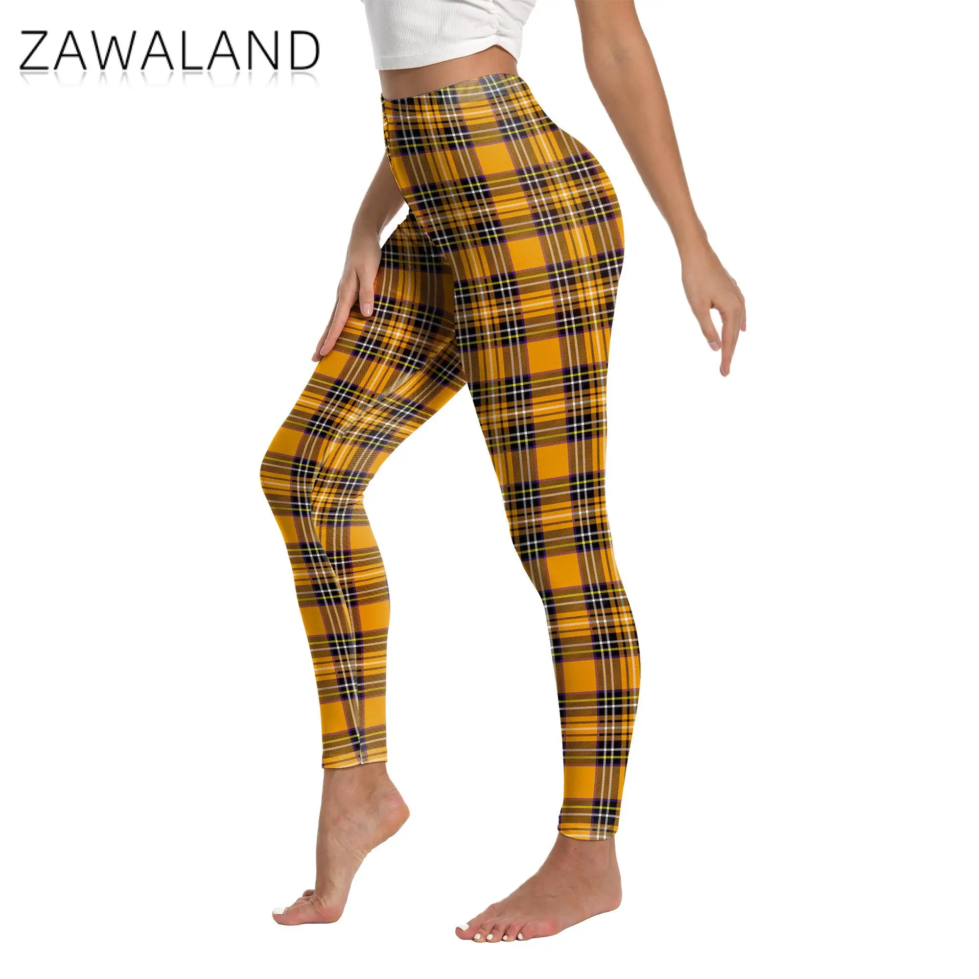 Zawaland Women Pants Yellow Tartan 3D Printing Leggings Halloween Stripe Trousers Female Elastic Tights Mid Waist Long Pants