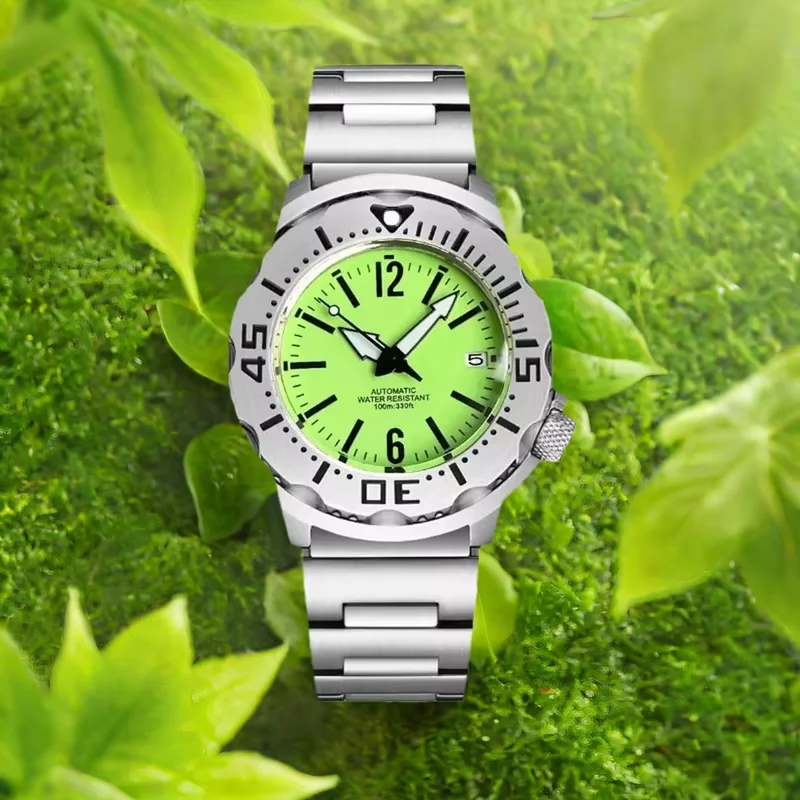 Tandorio Silver Steel 42mm Green Monster Sapphire Glass 100m Waterproof Green Lume Mechanical Men Watch For Japan NH35 Movement