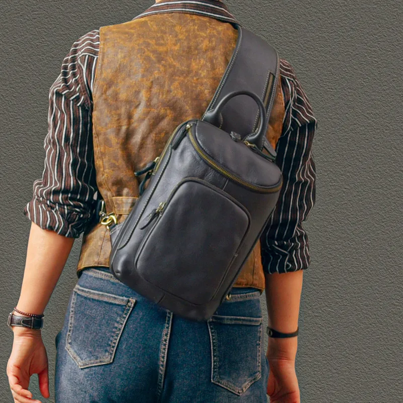 Retro Personality Large Capacity Men's Chest Bag Casual Special-Interest Design Shoulder Crossbody Backpack genuine leather