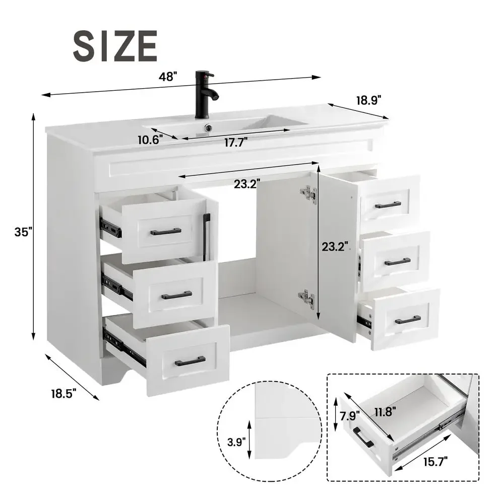 48-inch badkamermeubel massief houten kast met keramische wastafel Soft Close-deuren Volledig uittrekbare lades Opbergeenheid Zelfmontage