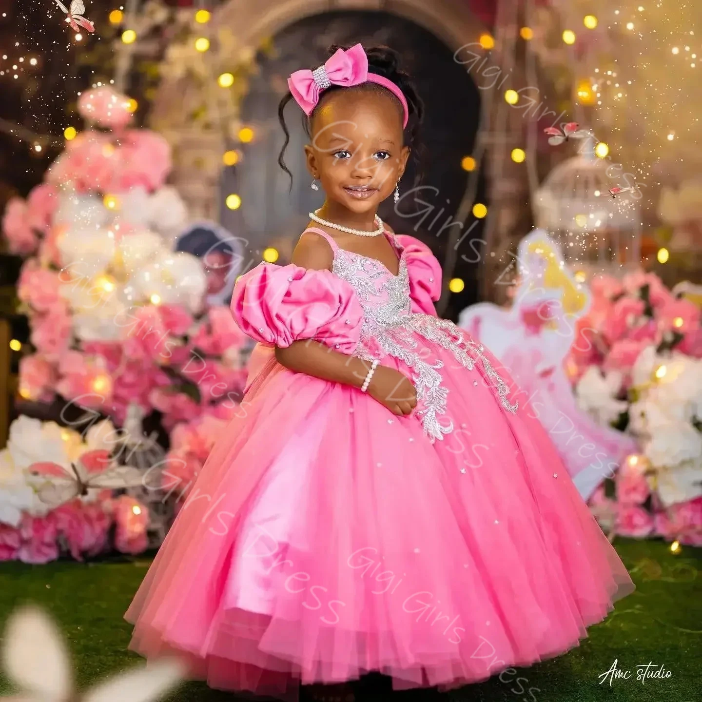 Vestido floral rosa quente para casamento, crianças, alça espaguete, apliques frisados, tule, vestido de aniversário, festa personalizada, vestido de baile