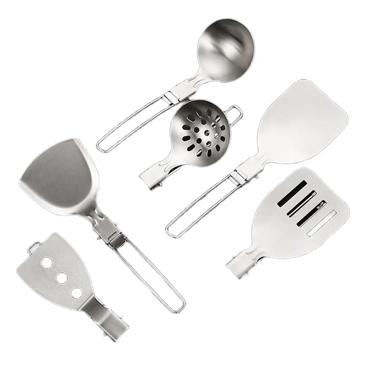 New arrival  Outdoor Folding Kitchenware Set Camping Travel Portable Stainless Steel Stir Frying Pot Shovel Soup Spoon