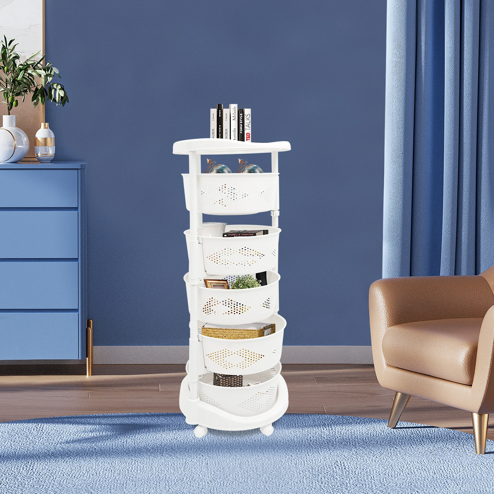 

5 Layer Kitchen Rotating Organizer Rack Fruit Vegetable Storage Basket w/ Wheels