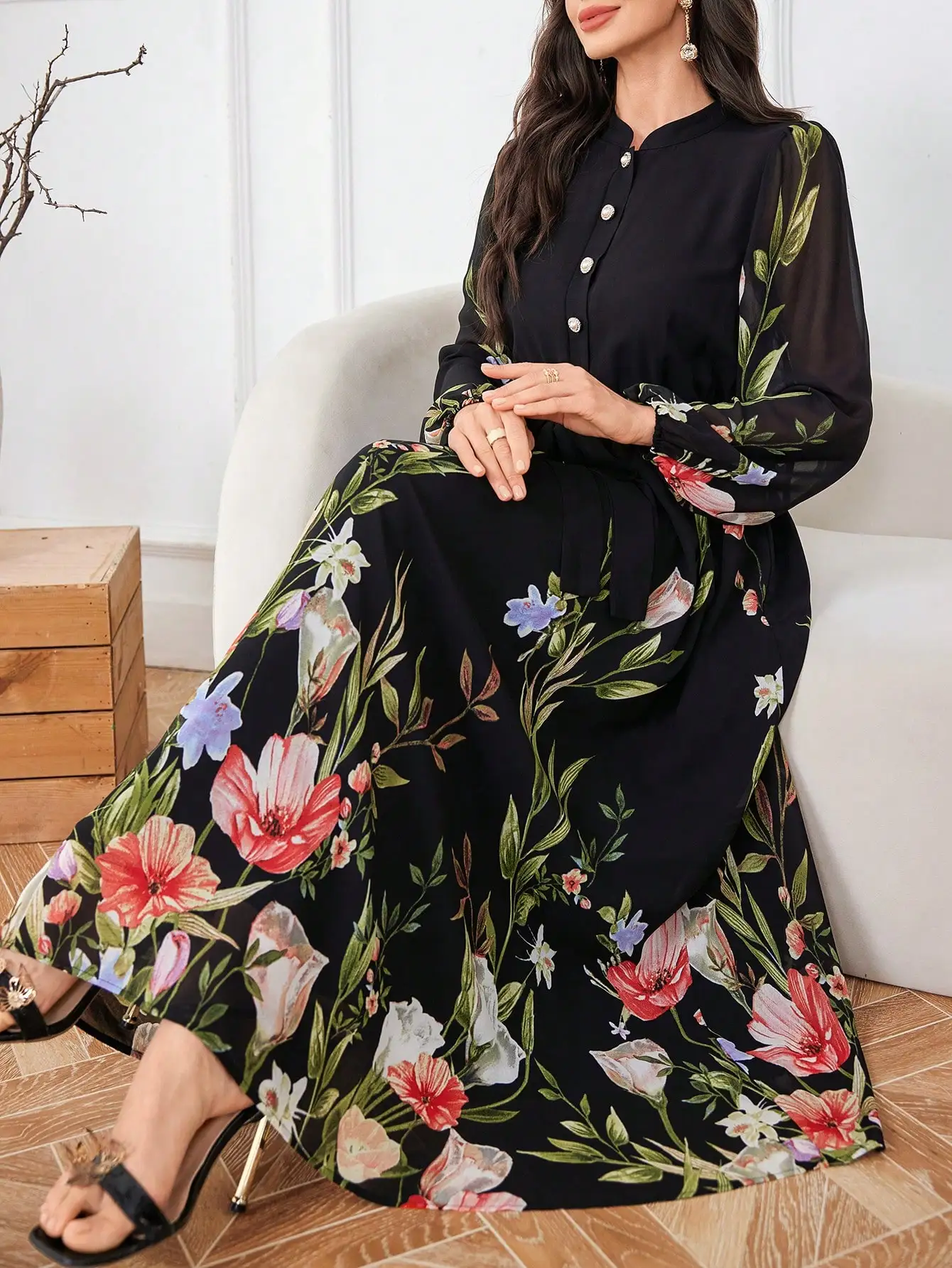 

Black Chiffon Floral Maxi Dress with Mandarin Collar, Long Sleeves & Tie Waist