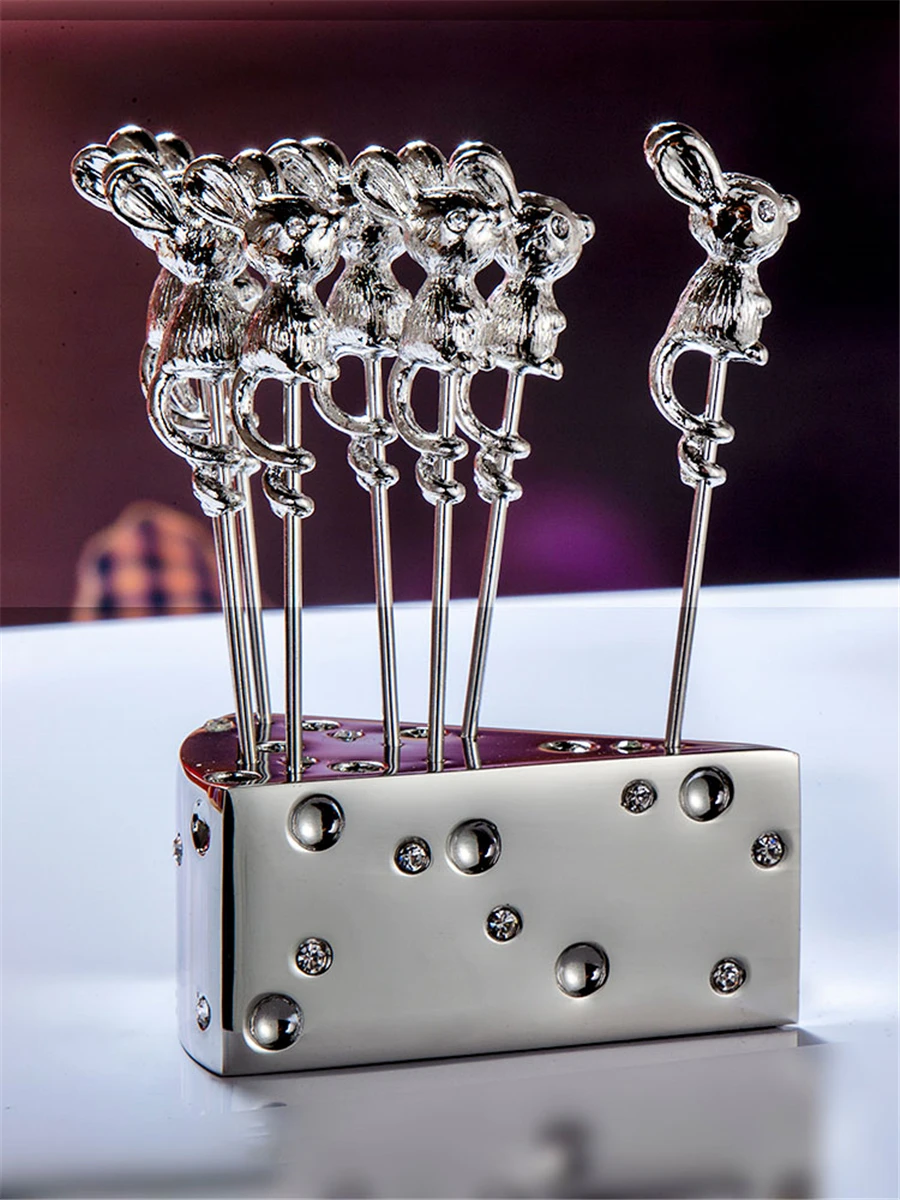 Stainless Steel Fruit Fork Creative Fruit Toothpick Set Mouse Shape Cheese Base Small Cake Forks Metal Home Kitchen Utensils